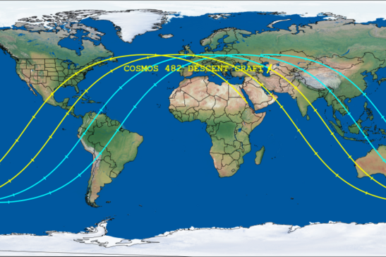 Le linee gialle e azzurre indicano la possibile area nella quale potrebbe cadere la sonda Kosmos 482 (fonte: Aerospace)