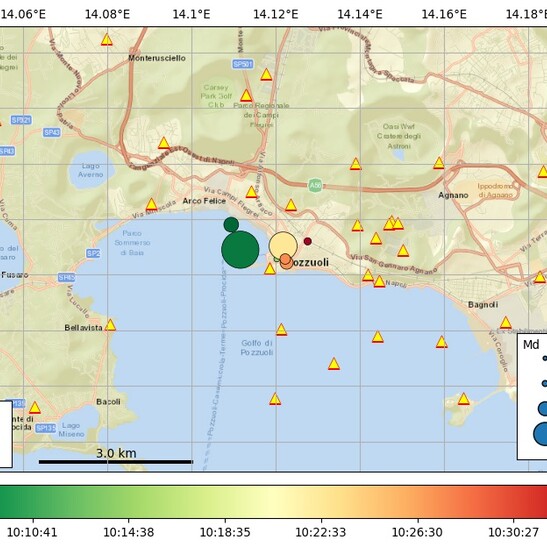 Mappa dello sciame sismico nei Campi Flegrei del 13 maggio 2025 (fonte: INGV)